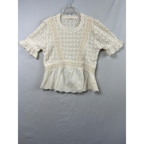 ILLA ILLA Tops - Illa Illa Crochet Top Womens Medium Ivory Eyelet Tiered Coquette Cottage Core